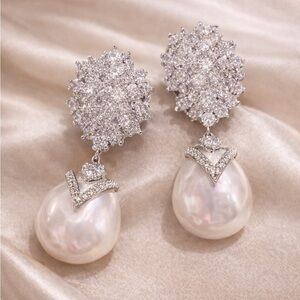 Diamond Cluster Drop Earrings with Baroque Pearls